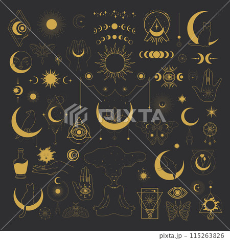 Big set of celestial magical and astrological symbols. Mystical emblems, magical animals, space elements. Vector illustration Big set of celestial magical and astrological symbols. Mystical emblems, magical animals, space elements. Vector illustration 115263826