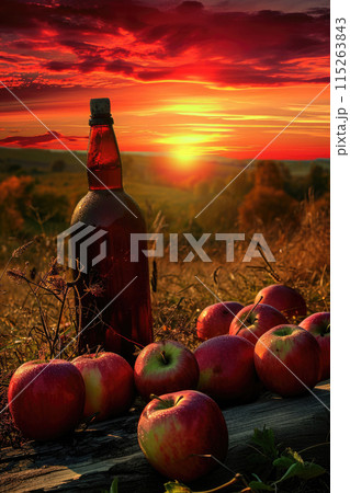 Sunset in garden with apple cider vinegar bottle, fresh apples, wooden barrel Sunset in garden with apple cider vinegar bottle, fresh apples, wooden barrel 115263843