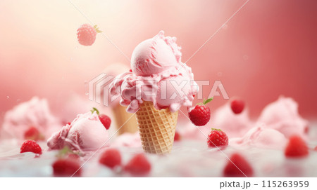 Pink color raspberry ice cream with berries...のイラスト素材 [115263959] - PIXTA