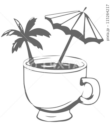 ヤシの木とパラソルの飾りが入ったコーヒーカップのイラスト ヤシの木とパラソルの飾りが入ったコーヒーカップのイラスト 115264217