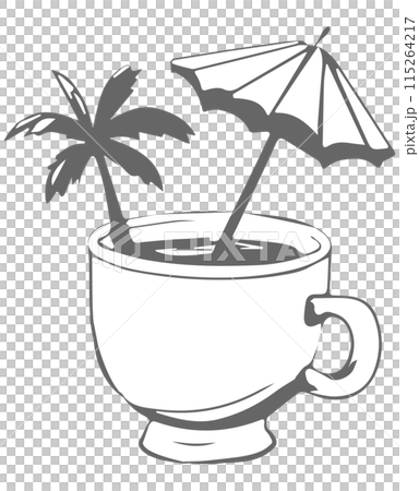 ヤシの木とパラソルの飾りが入ったコーヒーカップのイラスト ヤシの木とパラソルの飾りが入ったコーヒーカップのイラスト 115264217