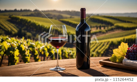 Red wine bottle mock up on vineyard landscape in the sunshine, cope space and place for logo. Generated AI 115264452