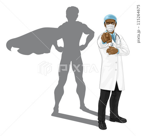 Superhero Doctor Pointing with Super Hero Shadow 115264675