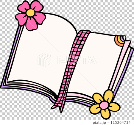 Retro Groovy Book opened Pastel Trendy Doodle Drawing  Bookish Flower Art 115264734