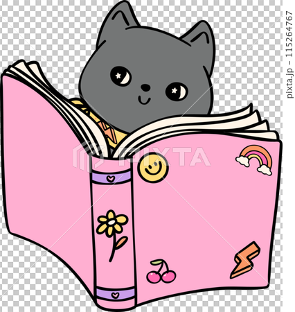 Retro Groovy book and cat funky doodle drawing Retro Groovy book and cat funky doodle drawing 115264767