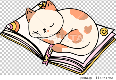 Retro Groovy book and cat funky doodle drawing 115264768