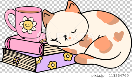 Retro Groovy book and cat funky doodle drawing 115264769