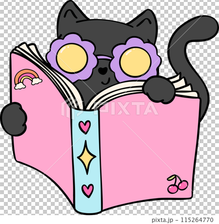 Retro Groovy book and cat funky doodle drawing Retro Groovy book and cat funky doodle drawing 115264770
