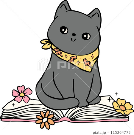 Retro Groovy book and cat funky doodle drawing 115264773