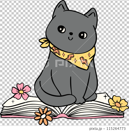 Retro Groovy book and cat funky doodle drawing 115264773