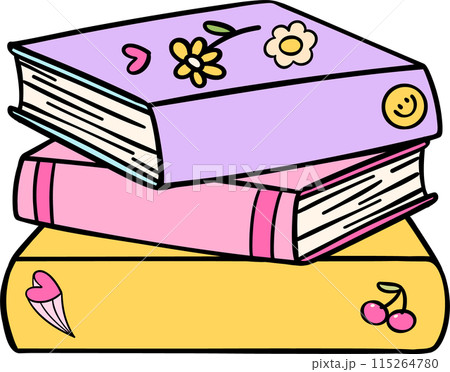 Retro Groovy Book stacked Pastel Trendy Doodle Drawing  Bookish Flower Art 115264780