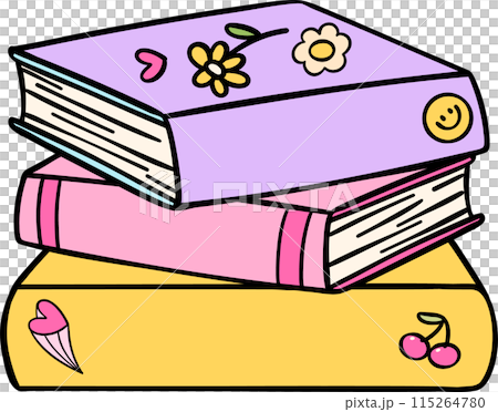 Retro Groovy Book stacked Pastel Trendy Doodle Drawing  Bookish Flower Art 115264780