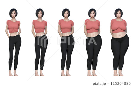 女性のダイエット ビフォーアフター ナチュラルな日本人3Dモデル 全身正面のイラスト 女性のダイエット ビフォーアフター ナチュラルな日本人3Dモデル 全身正面のイラスト 115264880