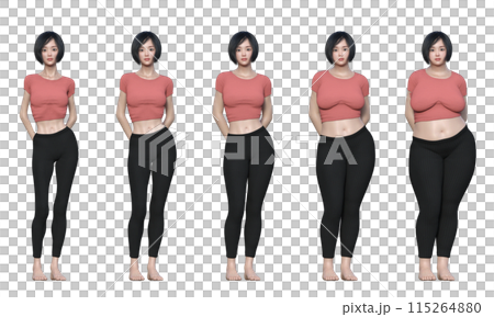 女性のダイエット ビフォーアフター ナチュラルな日本人3Dモデル 全身正面のイラスト 女性のダイエット ビフォーアフター ナチュラルな日本人3Dモデル 全身正面のイラスト 115264880