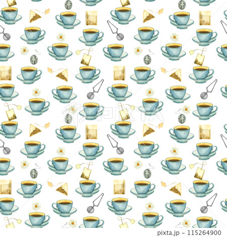 Watercolor pattern on a tea theme. Cups of tea, chamomile, tea bags, tea strainer. Everything is hand painted with watercolors. Watercolor illustration. For printing on packaging, design, scrapbooking 115264900