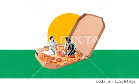 Happy young women, friends having picnic with pepperoni pizza. Summer vibe, vacation. Contemporary art collage. 115264918