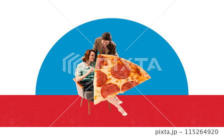 Happy smiling couple, man and woman paying special attention to slice of pepperoni pizza. Contemporary art collage. 115264920
