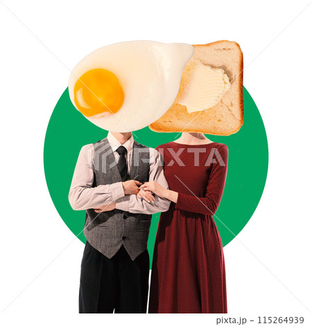 Couple dressed in vintage-style clothing stands arm-in-arm, with their heads replaced by egg and slice of buttered toast. Contemporary art collage. Couple dressed in vintage-style clothing stands arm-in-arm, with their heads replaced by egg and slice of buttered toast. Contemporary art collage. 115264939