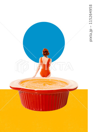 Woman in red swimsuit siting on large dessert against abstract colorful background. Summer relaxation, Contemporary art collage. Woman in red swimsuit siting on large dessert against abstract colorful background. Summer relaxation, Contemporary art collage. 115264958