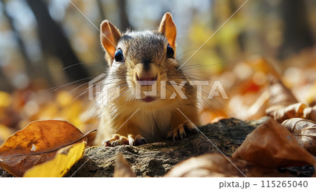 Curious squirrel among autumn leaves. 115265040