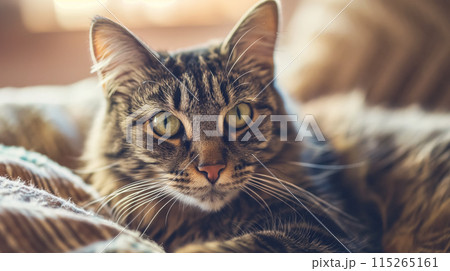 Tabby cat lounging in a cozy spot. 115265161
