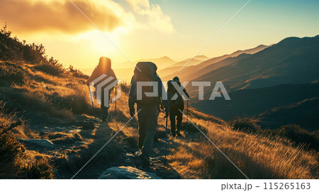 Hikers trekking at sunset in the mountains. 115265163