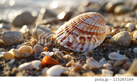 Seashell among pebbles on the beach. 115265164