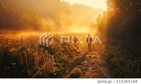 Lone figure walking in misty morning light. Lone figure walking in misty morning light. 115265184