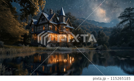 Illuminated house by a lake under starry sky. Illuminated house by a lake under starry sky. 115265185