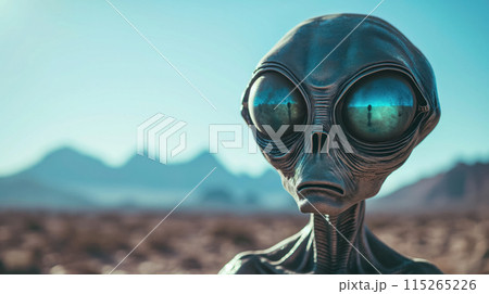 Alien figure in a desert with mountains. Alien figure in a desert with mountains. 115265226