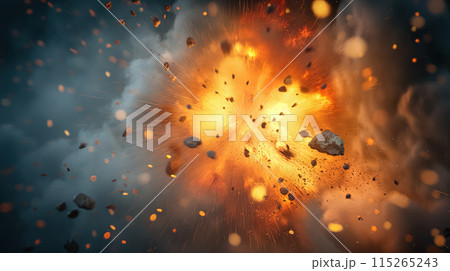 Fiery explosion with debris. 115265243