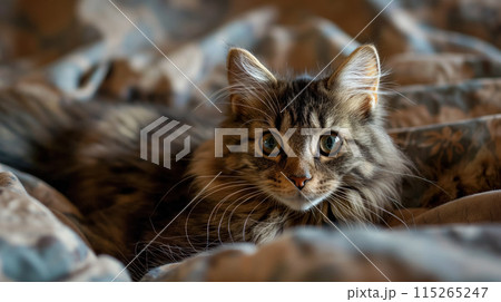 Fluffy cat on patterned bedding. 115265247