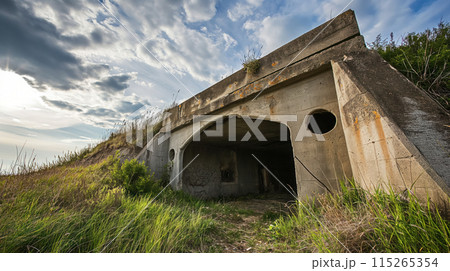 Decrepit bunker in a grassy field. 115265354