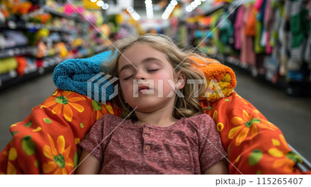 Child asleep in colorful shopping cart. 115265407