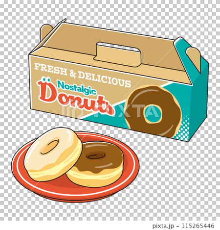 ドーナツショップの箱とお皿に乗ったドーナツのイラスト素材