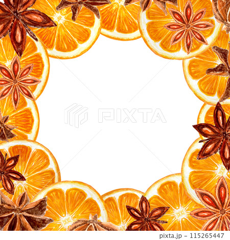 Star anise orange realistic watercolor frame on a white background. Five brown star-shaped spices with detailed texture and shades. Perfect for culinary, botanical projects, recipe, cards, posters Star anise orange realistic watercolor frame on a white background. Five brown star-shaped spices with detailed texture and shades. Perfect for culinary, botanical projects, recipe, cards, posters 115265447