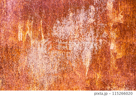Orande rusty abstract painted metal background. texture of old plate with brown rust 115266020