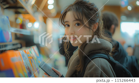 スマホを持ってコンビニで買い物をする女性 115266443