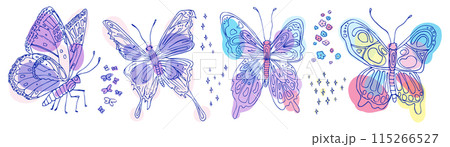 Colorful butterfly illustrations with intricate patterns, flowers, and sparkles in a whimsical style. 115266527
