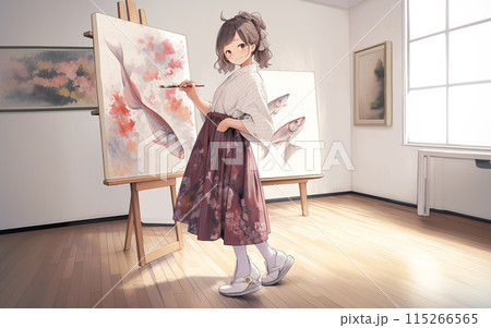 アトリエで金魚の絵画を描いている画家の女性 115266565