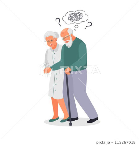 Old man suffer from dementia loss memory. Woman supports confused senior male struggle with Alzheimer disease. Elderly healthcare and medicine concept. Flat vector illustration. 115267019