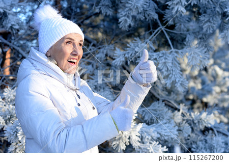 Beautiful elderly woman posing in a snowy winter park Beautiful elderly woman posing in a snowy winter park 115267200