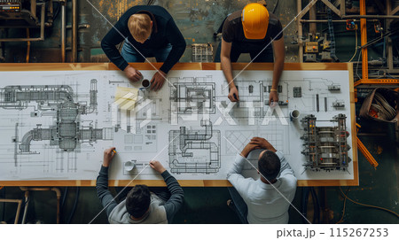 People Sit at a Table with Drawings of a Production Plan 115267253