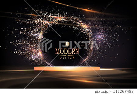 Abstract composition with golden frame with tinsel and podium on black background 115267488