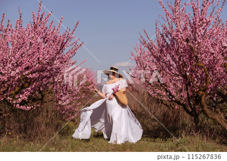 Woman blooming peach orchard. Against the backdrop of a picturesque peach orchard, a woman in a long white dress and hat enjoys a peaceful walk in the park, surrounded by the beauty of nature. 115267836