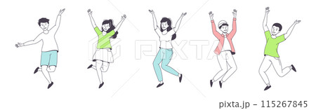 Happy People Character Jumping with Raised Hands Feeling Delight Vector Set Happy People Character Jumping with Raised Hands Feeling Delight Vector Set 115267845