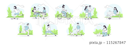 People Character Walking in the Park Outline Vector Set 115267847