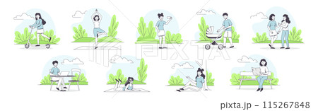 People Character Walking in the Park Outline Vector Set 115267848