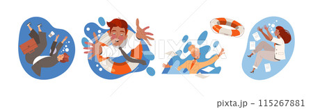 People Character in Office Clothes Drowning Trying to Escape Vector Set 115267881
