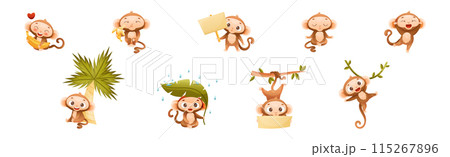 Funny Brown Monkey with Prehensile Tail Enjoying Different Activity Vector Set Funny Brown Monkey with Prehensile Tail Enjoying Different Activity Vector Set 115267896